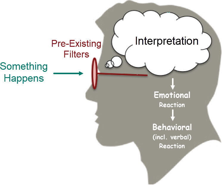 A diagram showing an event passing through pre-existing filters into your interpretation, then your emotional reaction, then your behavioral reaction.